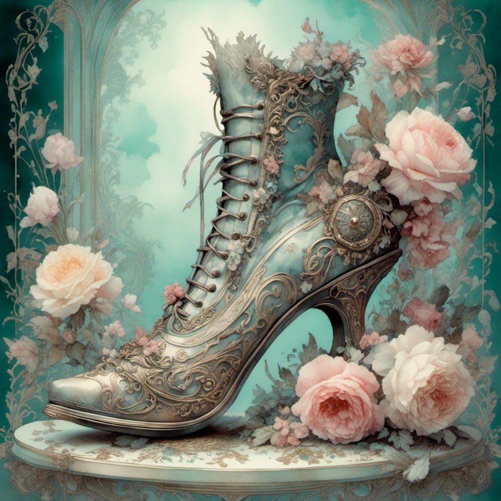 Victorian Watercolor High Heeled Boot with Flowers