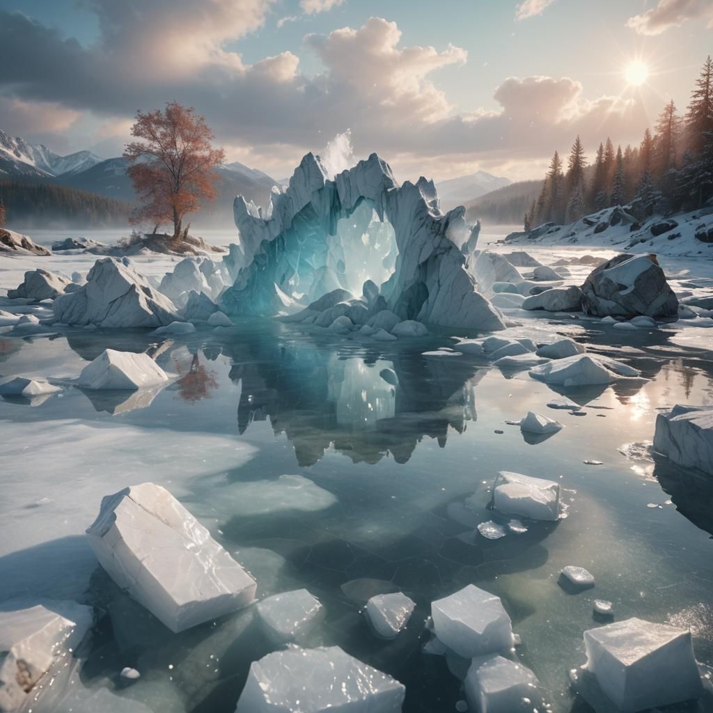Marble Sinking into Icy Lake: Hyperrealistic Concept Art