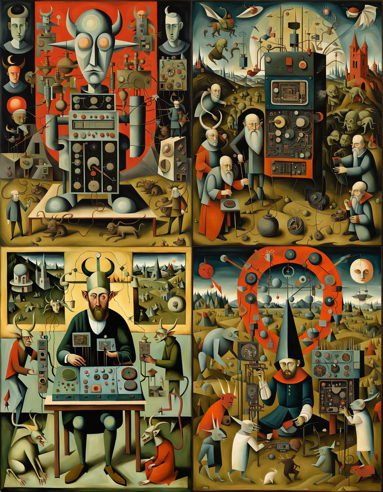 Cubist Man with Electronics, Bosch-Inspired Demons