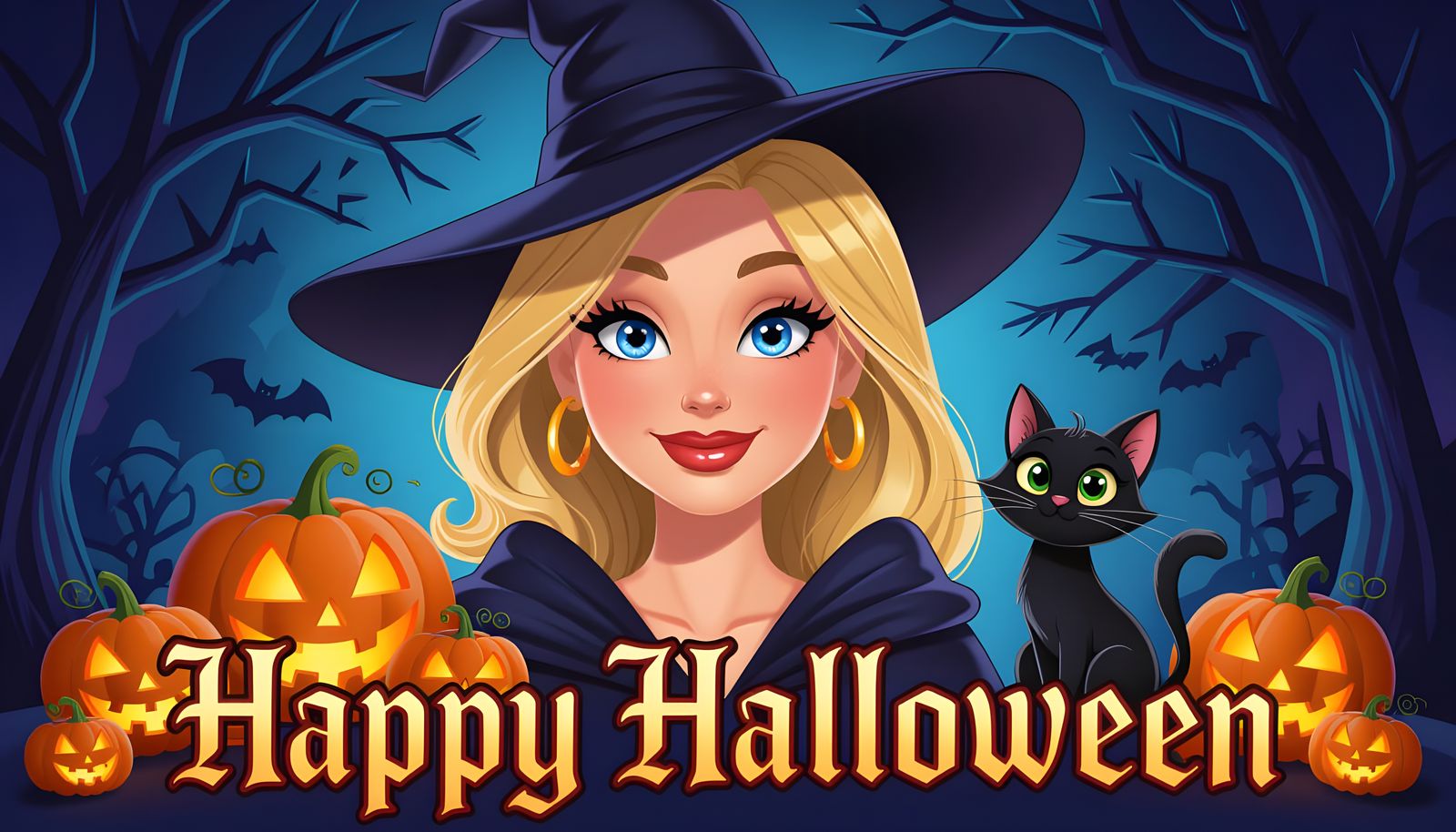 Cartoon Halloween Scene With Smiling Witch and Black Cat