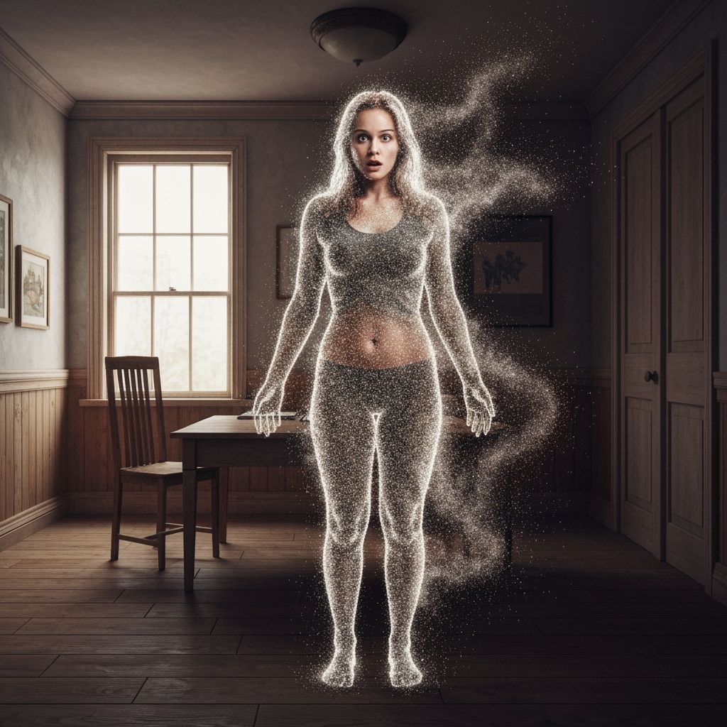 Shocked Woman Made of Dust in Smoky Room