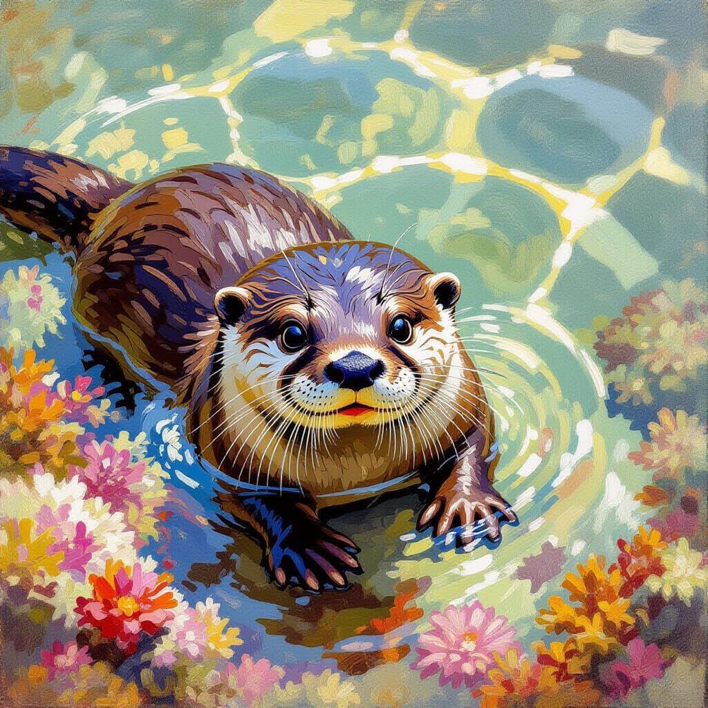 Playful Otter Explores Shimmering Tide Pool in Oil Painting ...