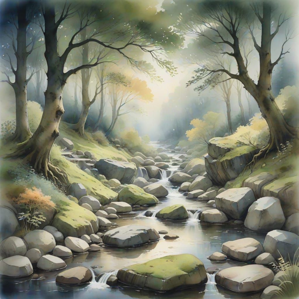 Dreamy Watercolor Landscape on Worn Stone Wall