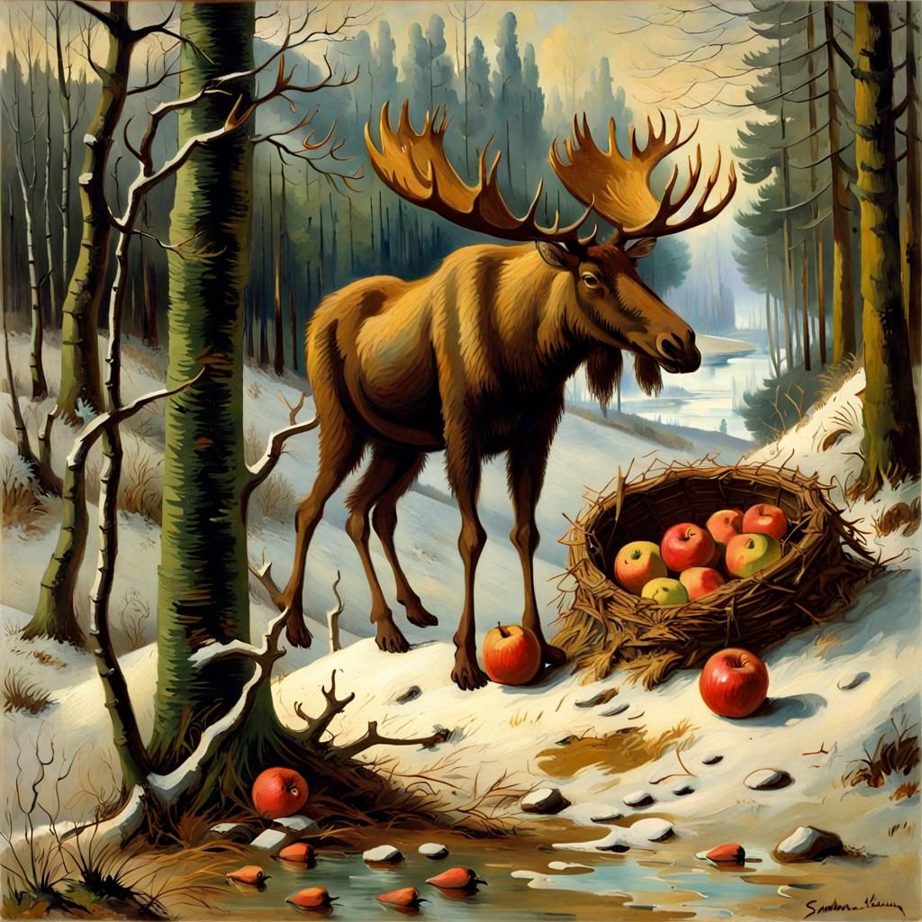 Winter Forest Scene with Moose Feeder in Gauguin Style