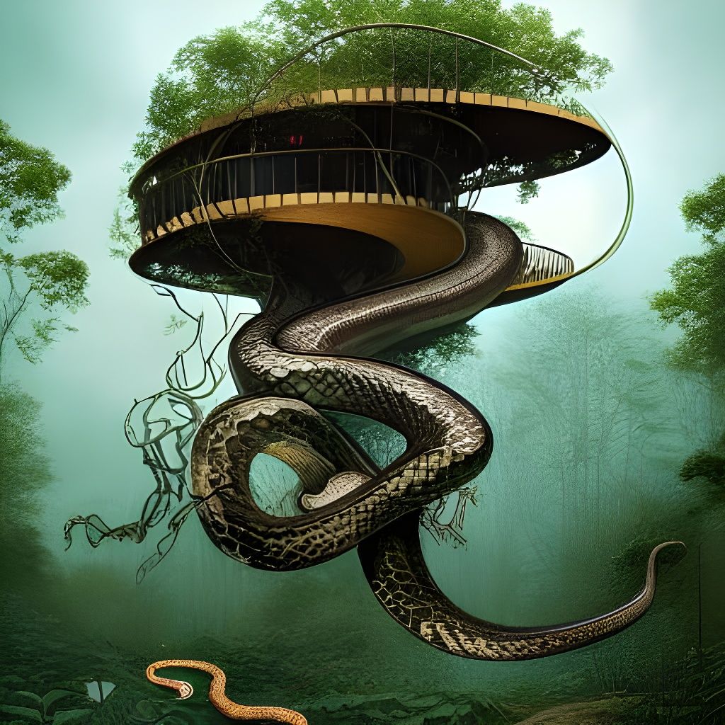 Luminescent Snake Treehouse: Intricate Digital Illustration
