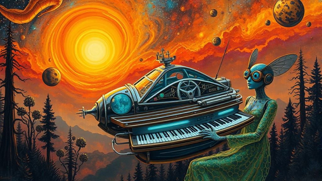 Surreal Spacecraft Cruises Through Cosmic Sunset Galaxy in V...