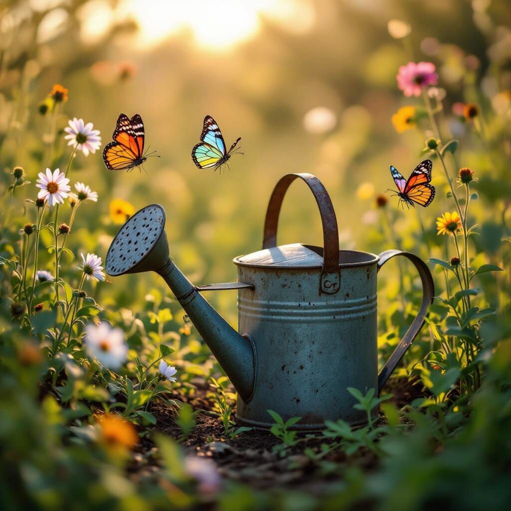 Rusted Watering Can in Overgrown Garden, Impressionist Style