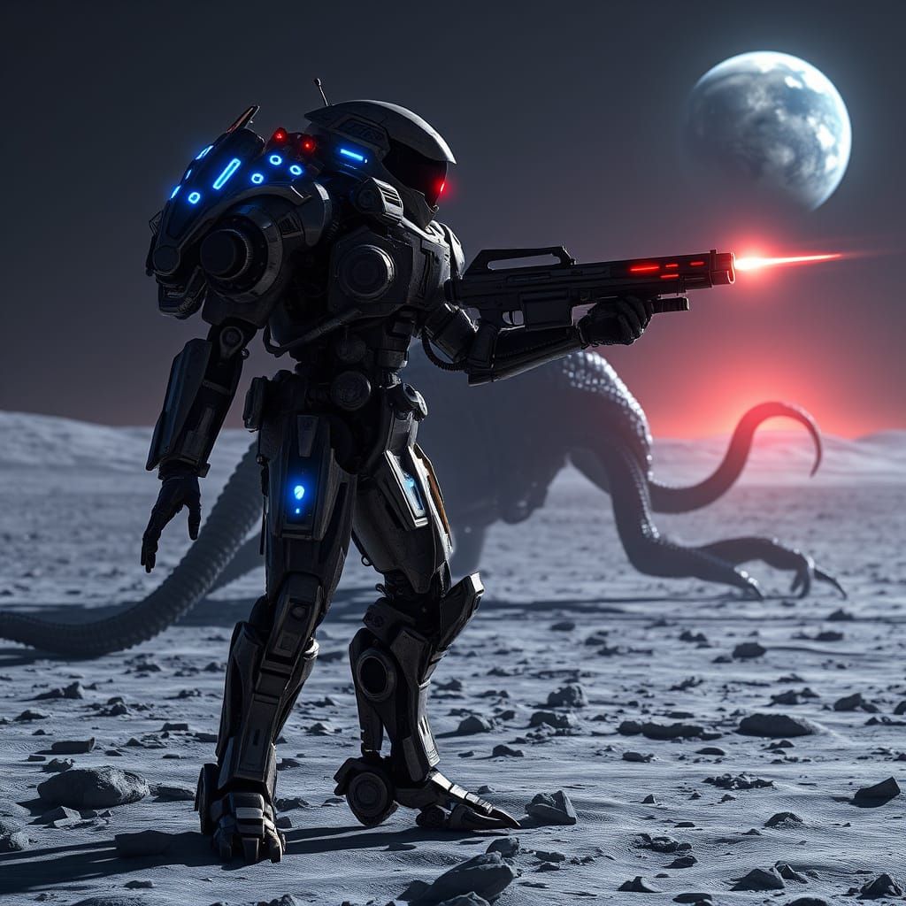 Cyborg Warrior on the Lunar Surface