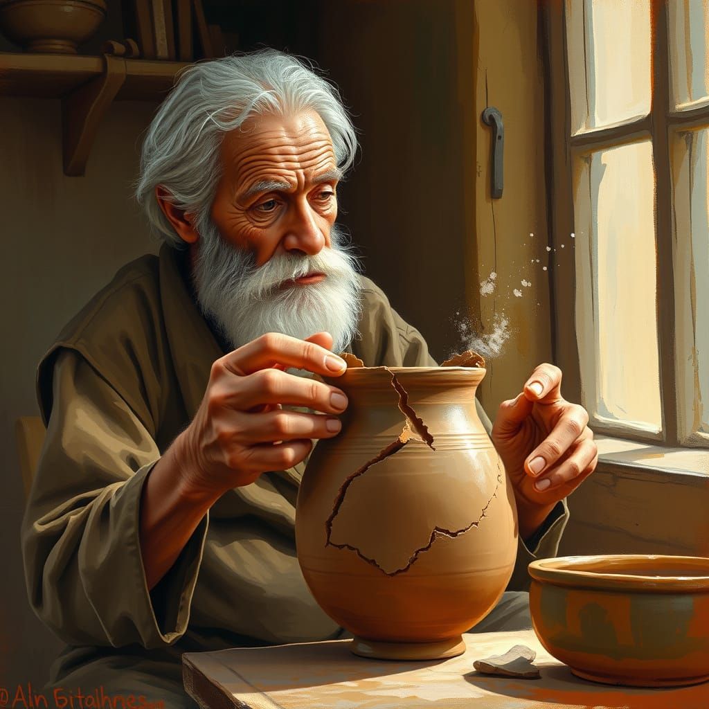 Wise Artisan Sculpts Imperfect Clay Pot in Painterly Style