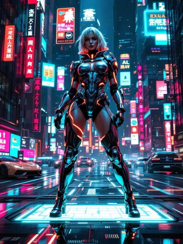 Cyberpunk Woman in Chrome Armor on Neon Platform