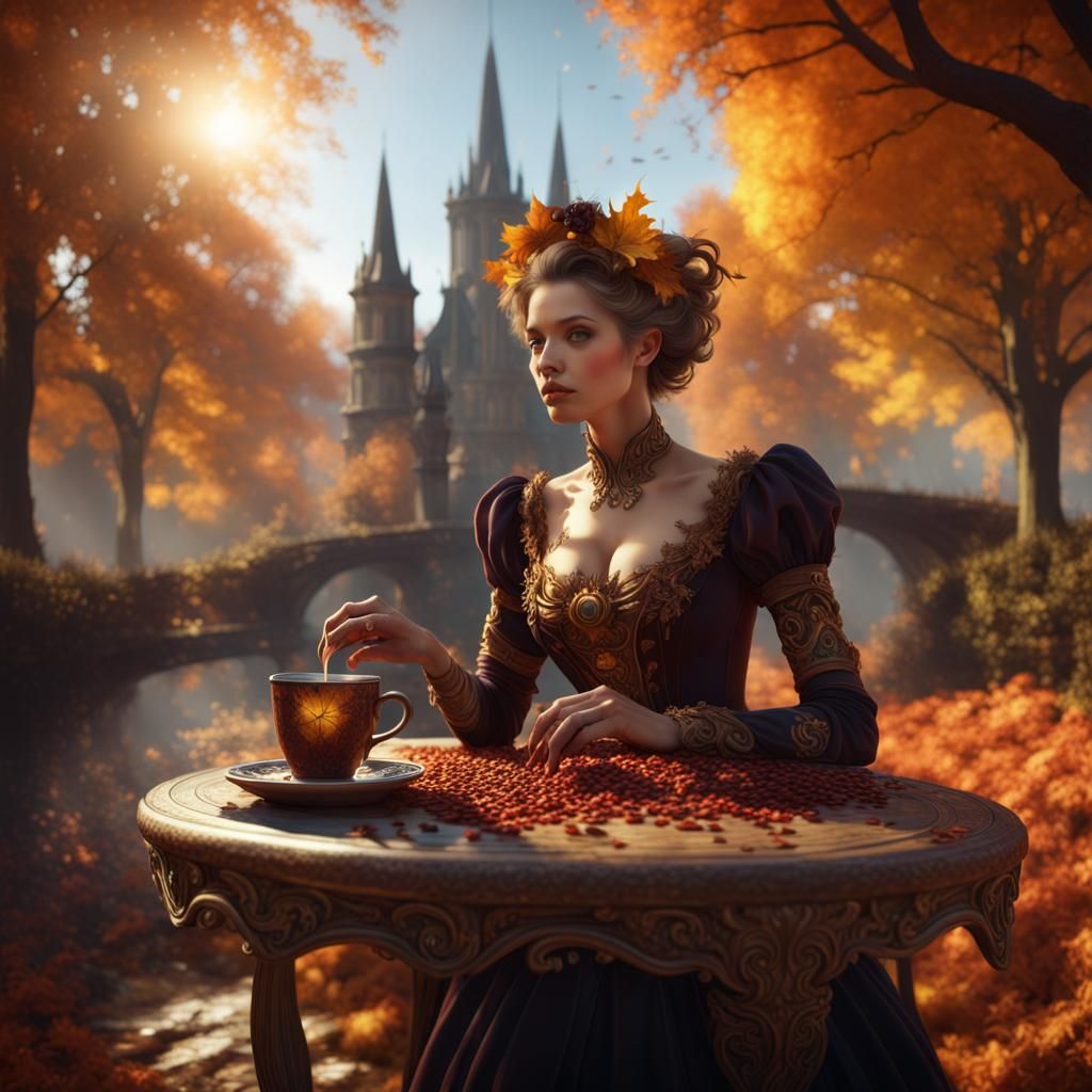 Autumn Sunshine: Old Woman Drinking Coffee