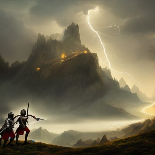 Medieval Knights Duel on Mountain in Hyperrealistic Style