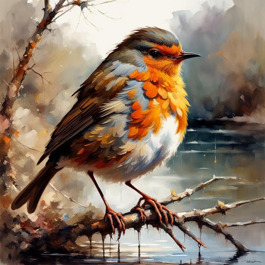 Fluffy Robin on Branch in Impressionist Watercolor