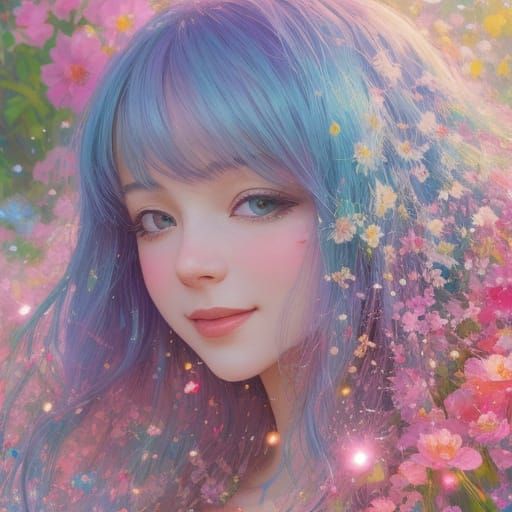 Smiling Face in Sunny Meadow as Impressionist Digital Art