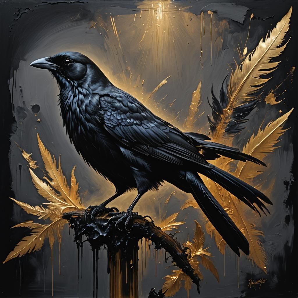 Majestic Black Bird Painting with Iridescent Feathers