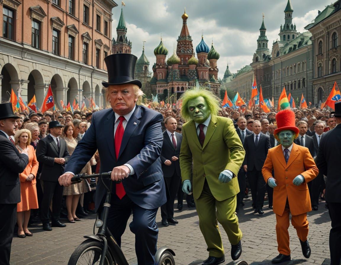 Grotesque Politicians Ride Kiddie Scooters at Moscow May Day...