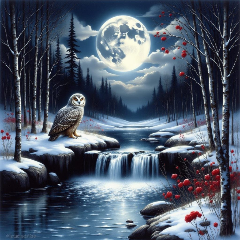 Sno Owl in Snowy Winter Scene with Moon