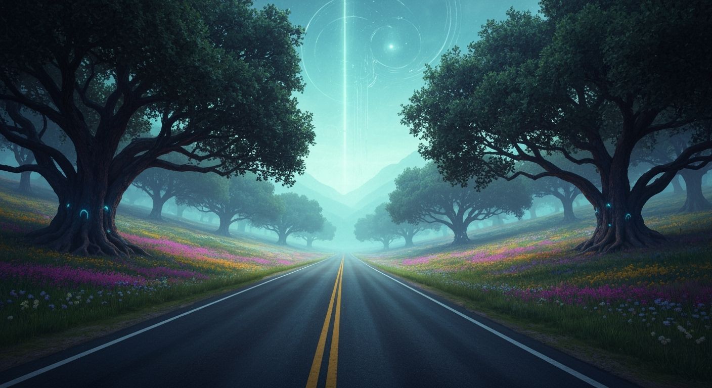 Serpentine Road Through Valley of Oaks in Ethereal Glow