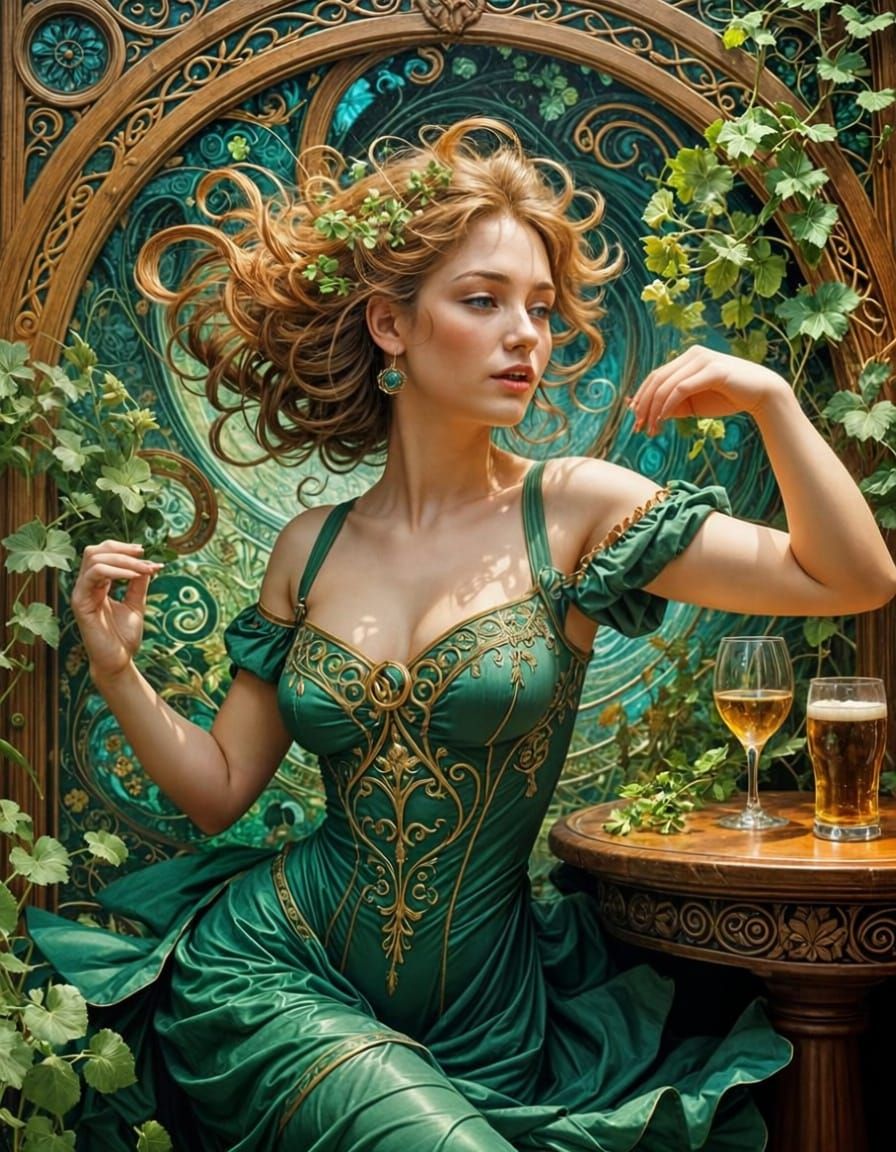 Art Nouveau Irish Pub Scene with Dancing Women and Leprechau...