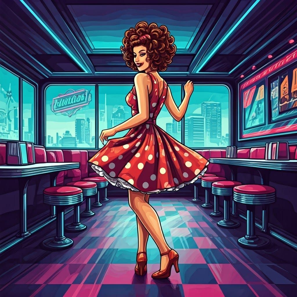 Neon Diner Goddess Dances the Jitterbug in Bold Pop Art Styl...