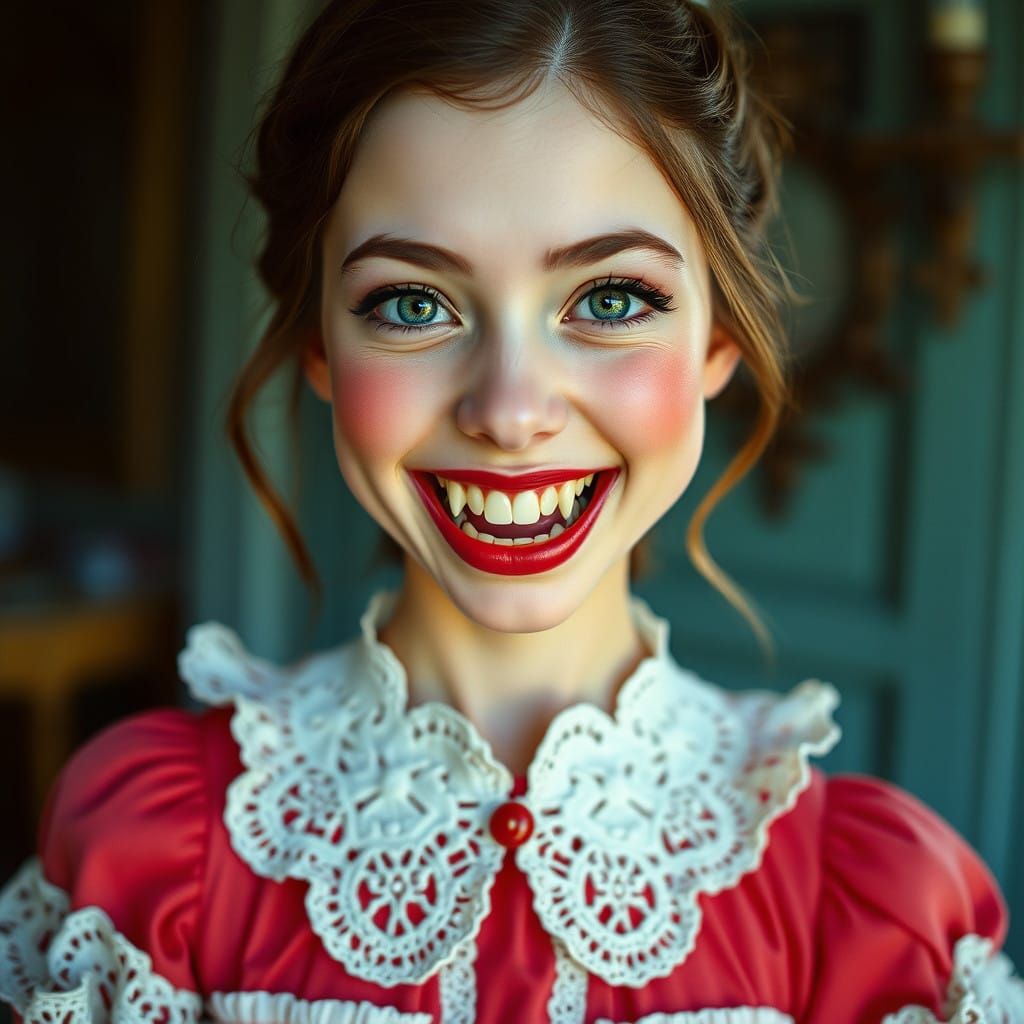 Whimsical Woman in Bold, Cinematic Makeup and Frilly Dress,...