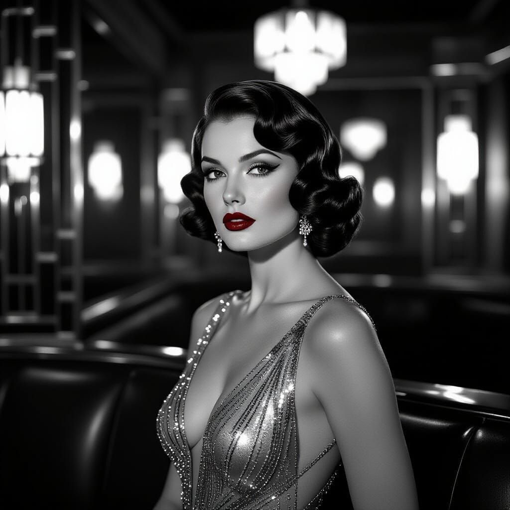 Glamorous Model in Art Deco Hollywood Lounge