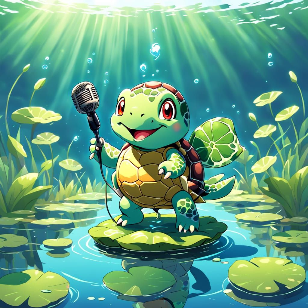 Cartoon Turtle Sings on Lilypad, Anime Style