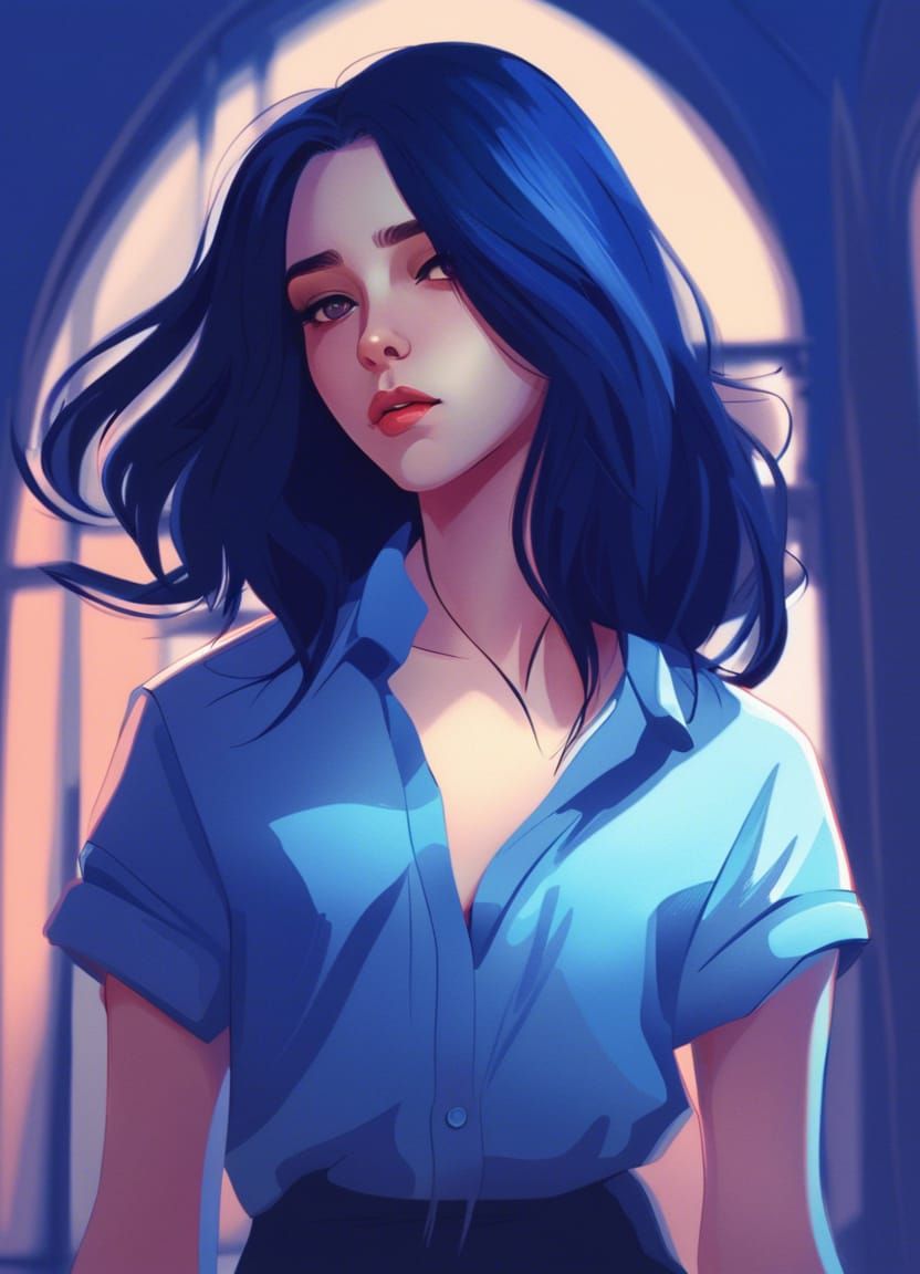 Elegant Urban Woman with Dark Blue Hair, Digital Art