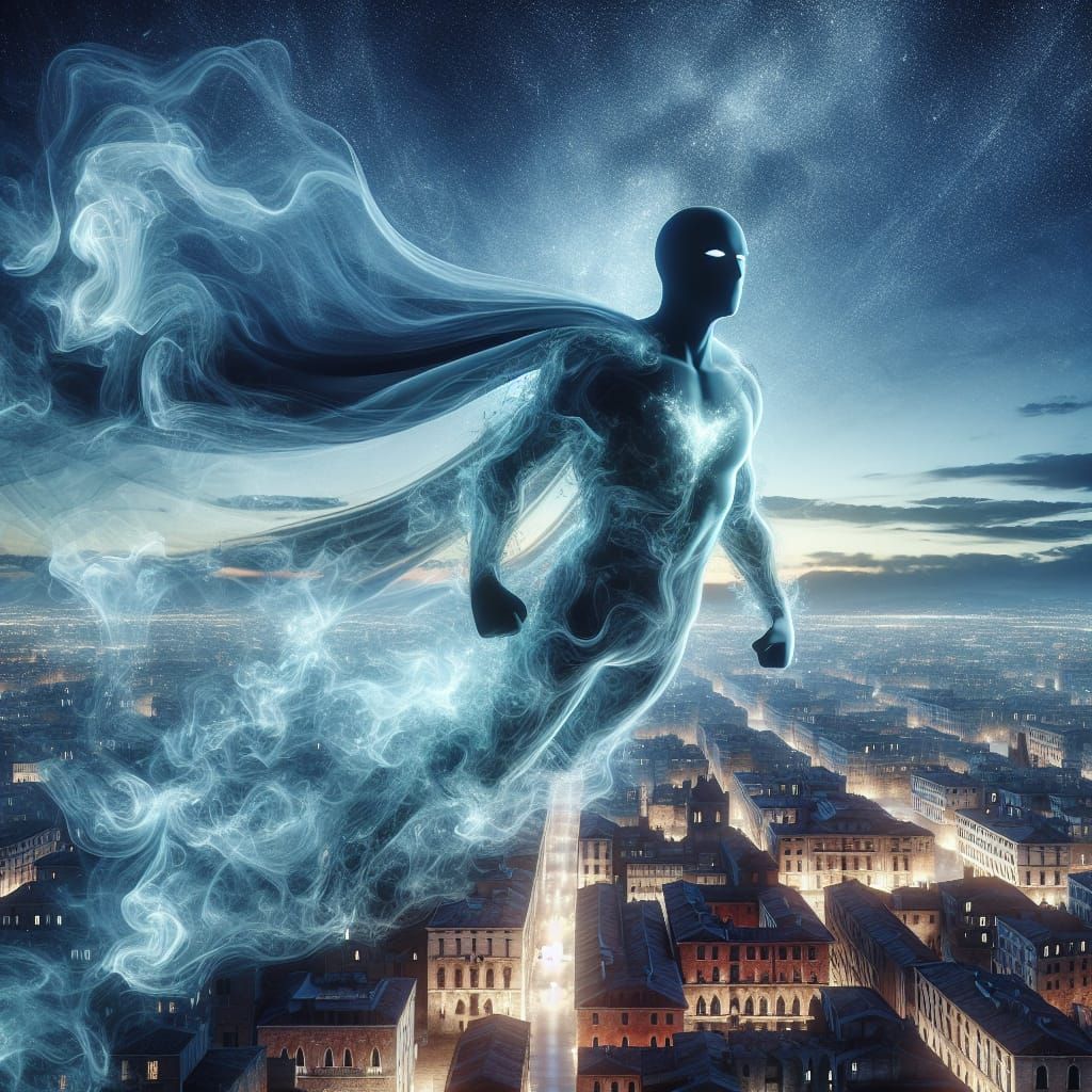 Ethereal Faceless Superhero over Futuristic City