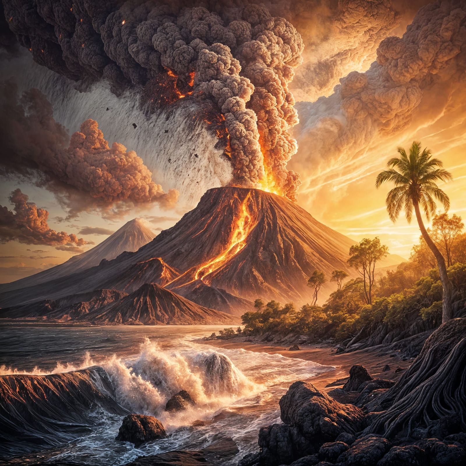 Volcanic Eruption in Golden Light