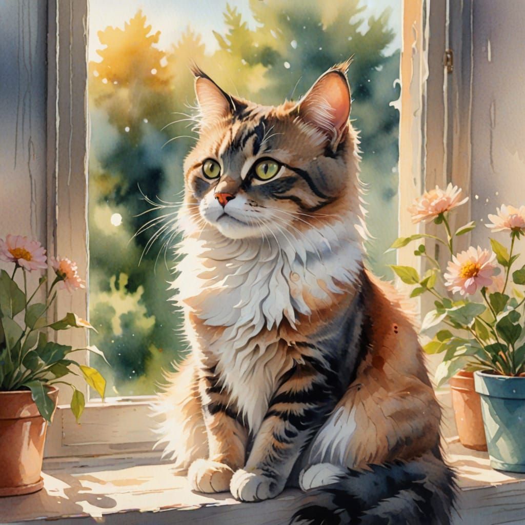 Whimsical Cat Illuminated by Morning Light