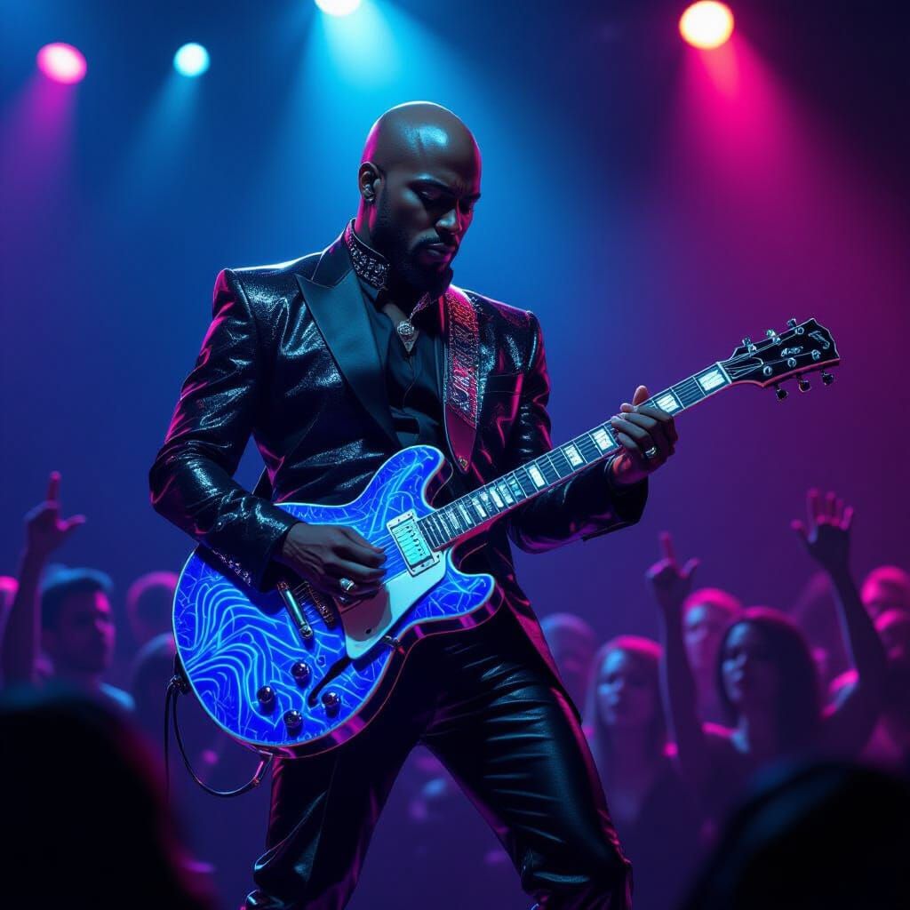 Futuristic Blues Musician Shreds on Stage in Cyberpunk Style