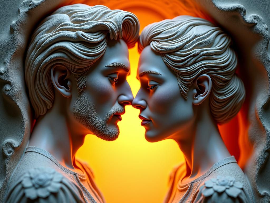 Beautiful Couple in High-Relief Carving, 3D Render