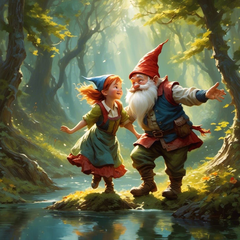 Gnome Couple Dancing in a Sunny Clearing