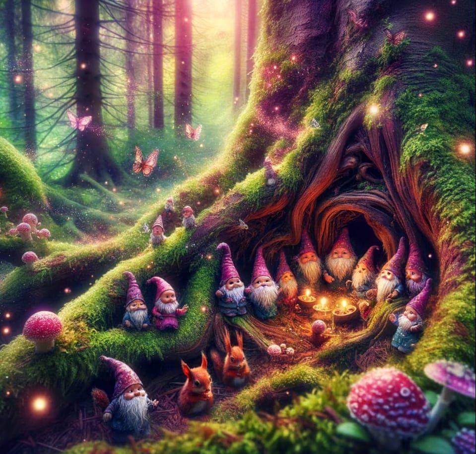 Gnomes' Tea Party in Shaggy Forest, in Watercolour Style