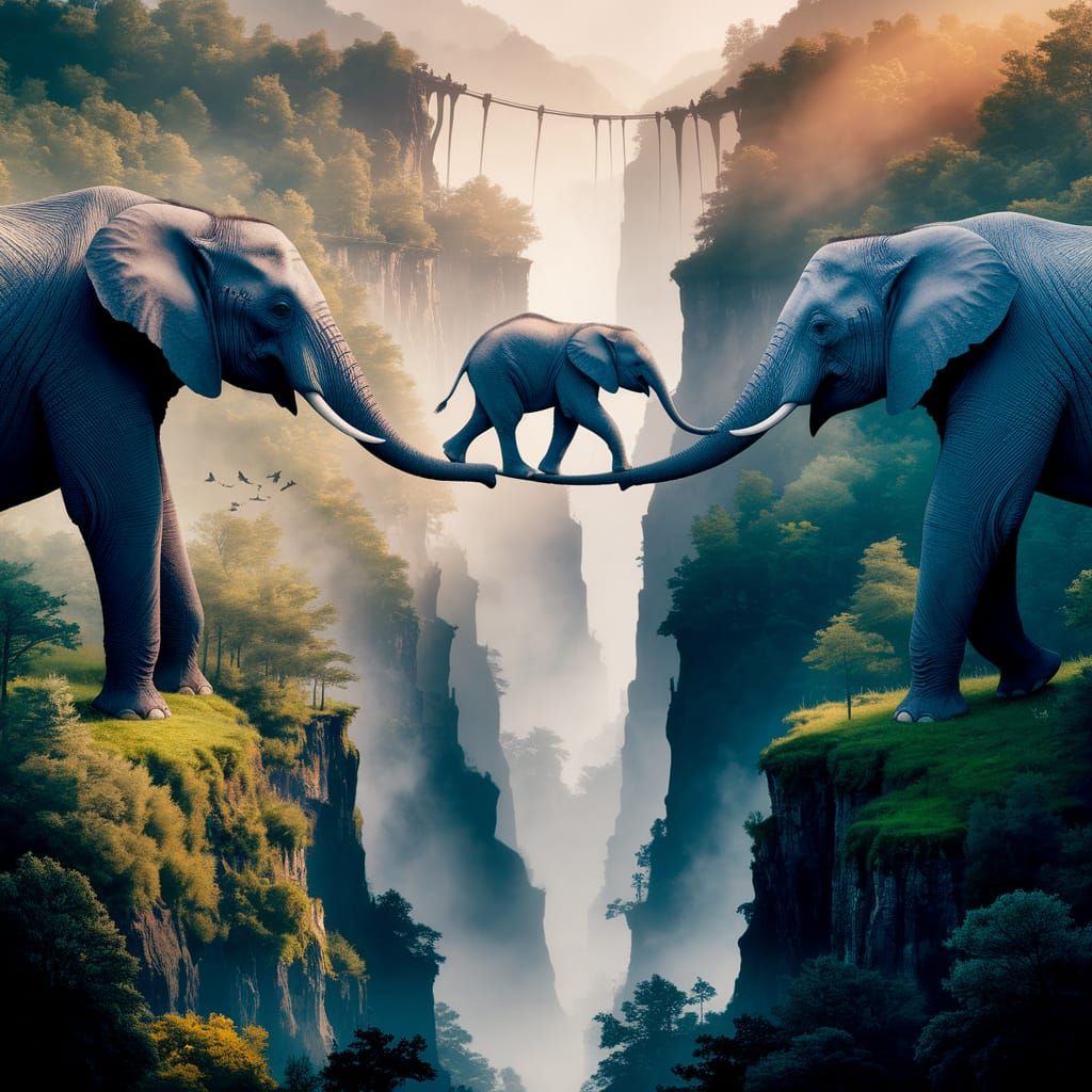 Elephants Form Suspension Bridge Over Vast Gorge in Vibrant,...