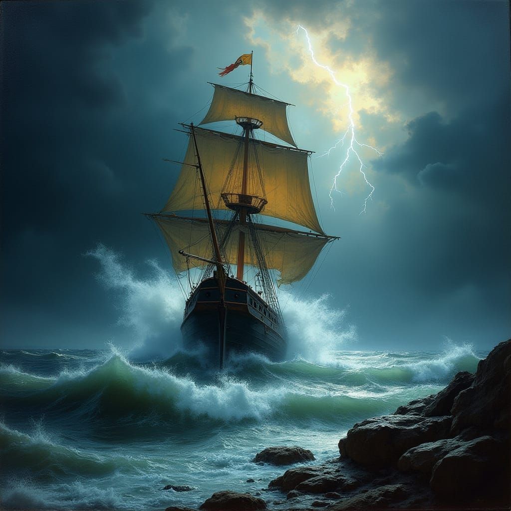 Galleon in Stormy Seas as Romanticism Painting