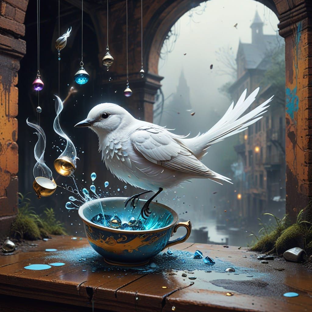 A surreal, ethereal white bird with shimmering silver-wire feathers sits gracefully on a twisting, floating branch in a ...