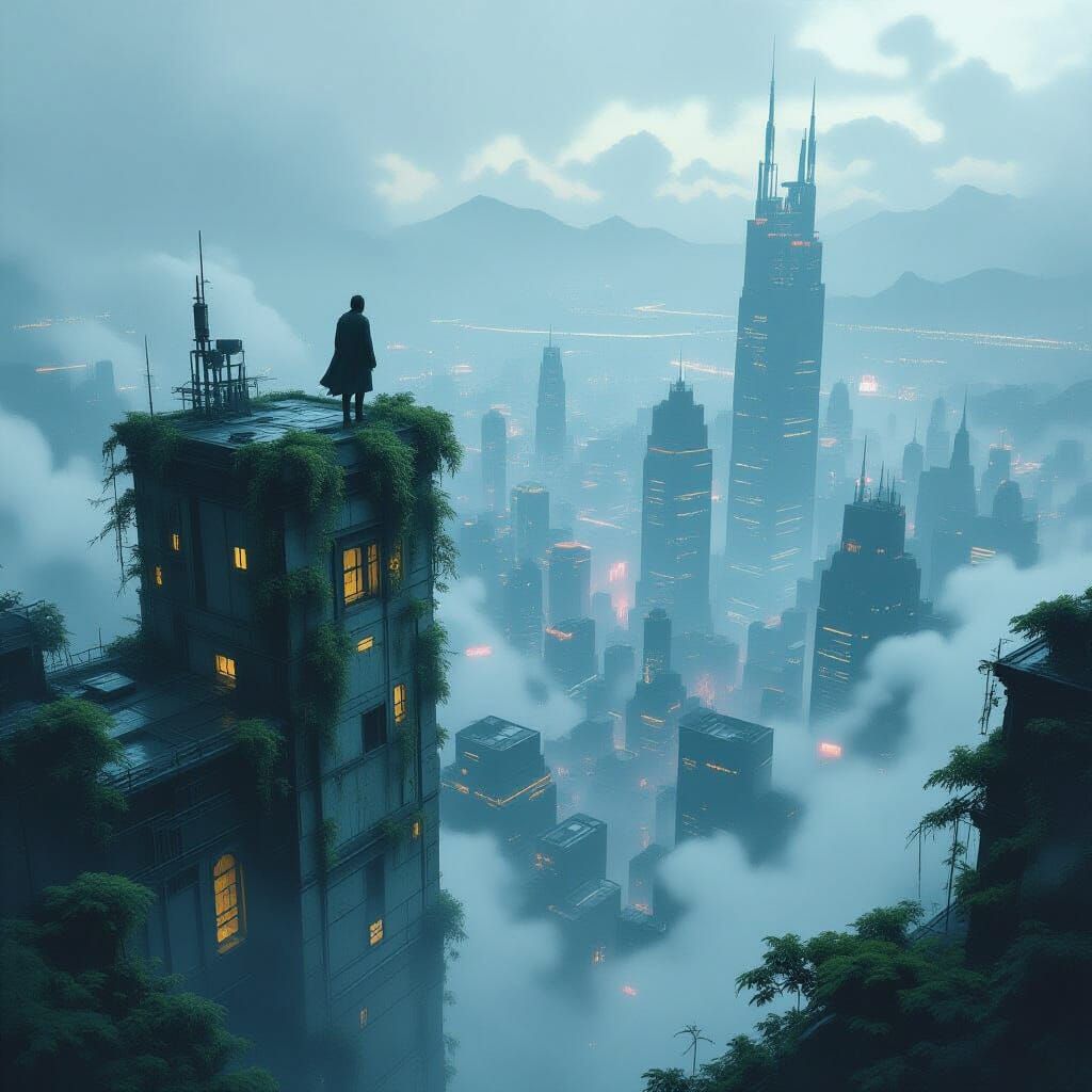 Lone Figure Overlooks Misty Cyberpunk City in Vintage Style