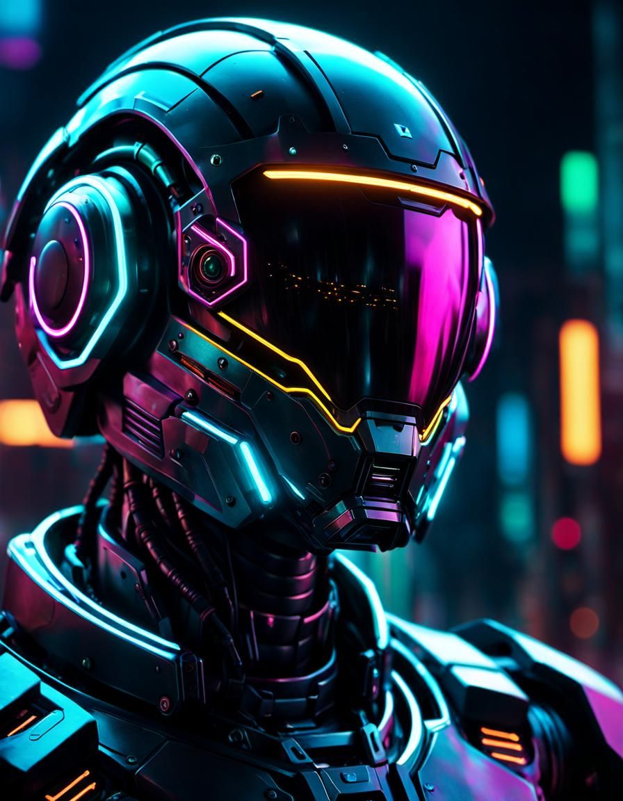 Cyberpunk Robot with Neon Helmet in Hyperrealism
