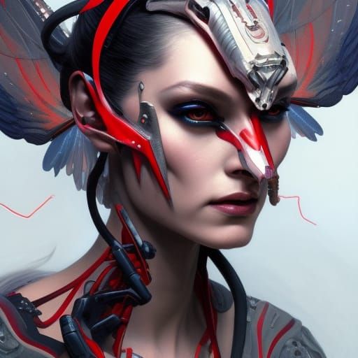 Gothic Cyborg Goddess with Red Wings