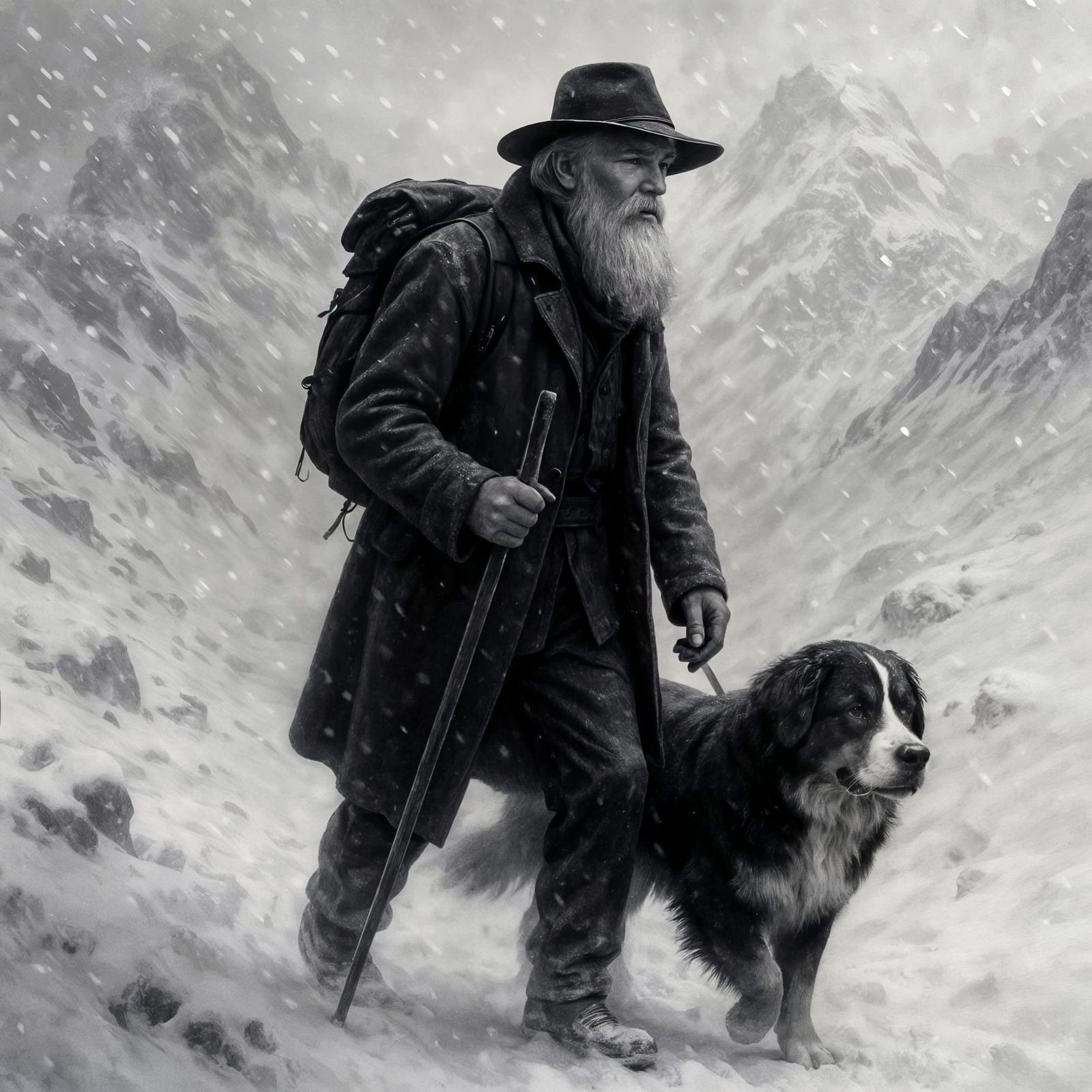 Man and Dog Trekking Snowy Mountains