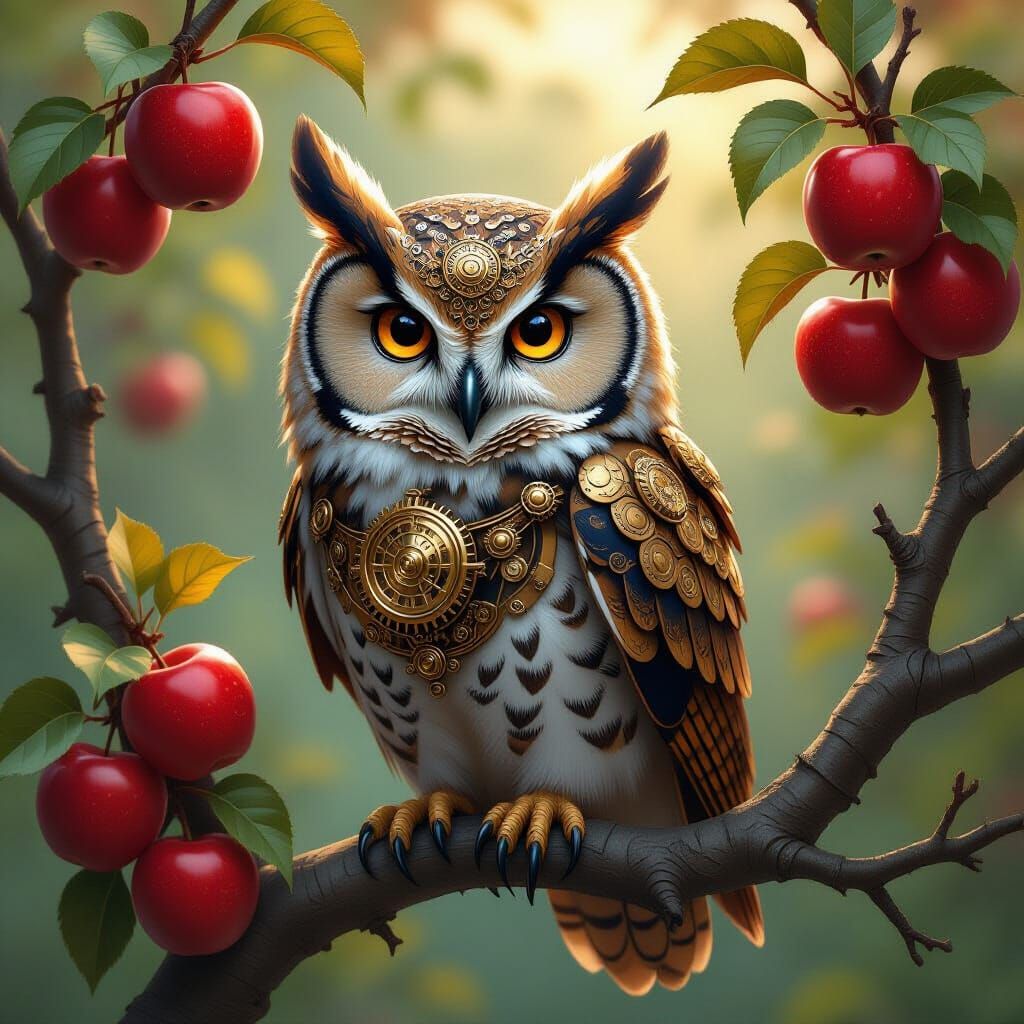 Steampunk Clockwork Owl on Apple Branch