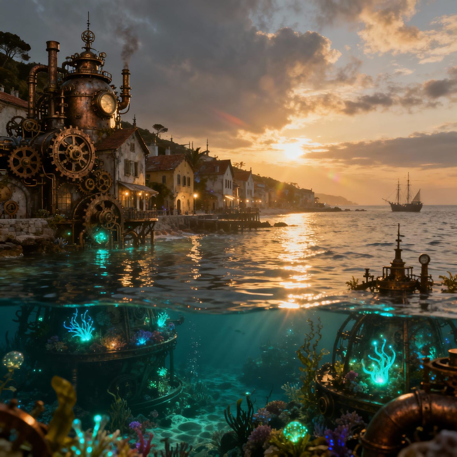 Steampunk Seaside Town Underwater at Evening