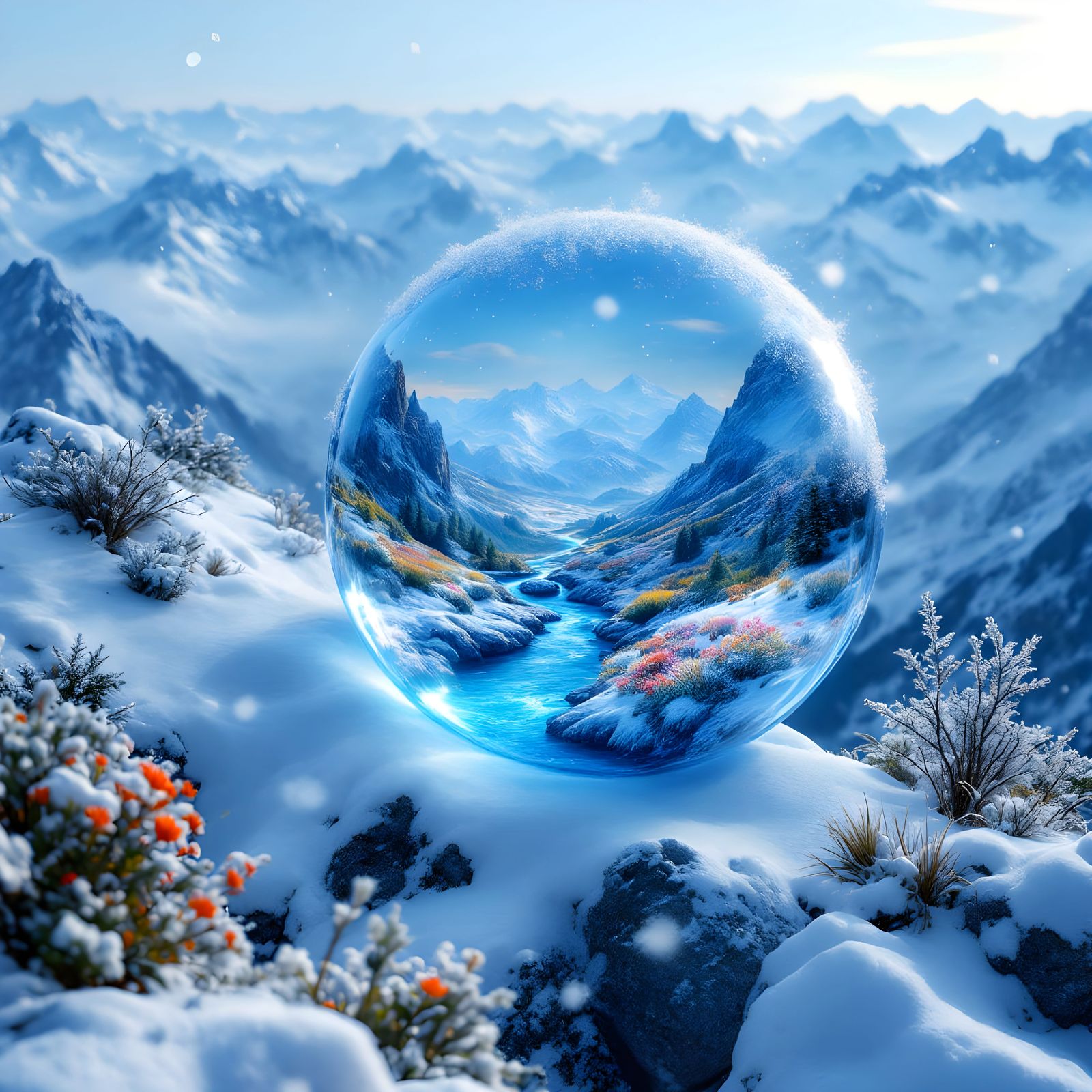 Water Sphere Captures Summer Bloom on Snowy Peak