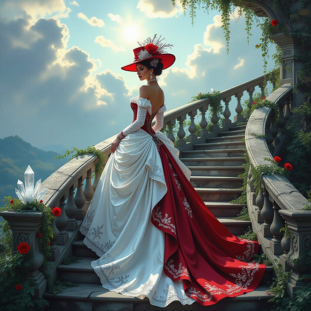 Goth Woman on Cracked Staircase in Ethereal Glow