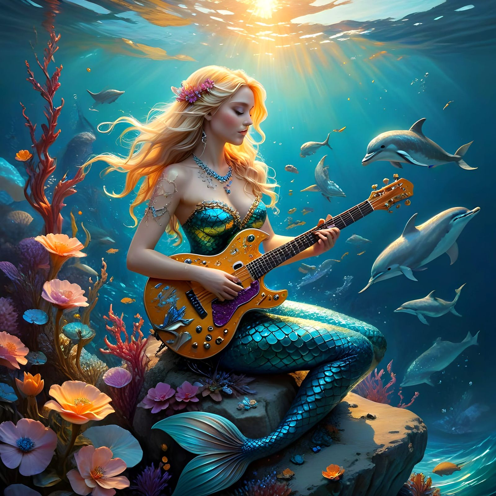 Ethereal Blond Mermaid Sits on Seaside Rock