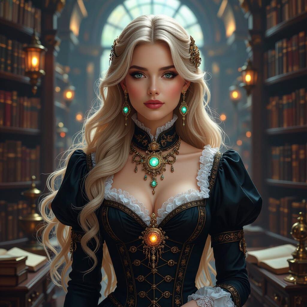 Steampunk Victorian Woman in Grand Library