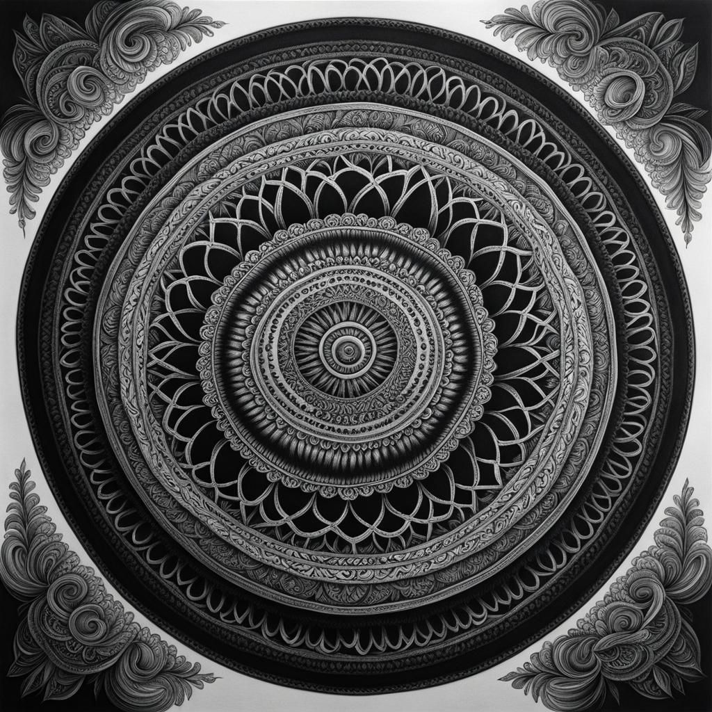 Intricate Black Mandala in Charcoal Style