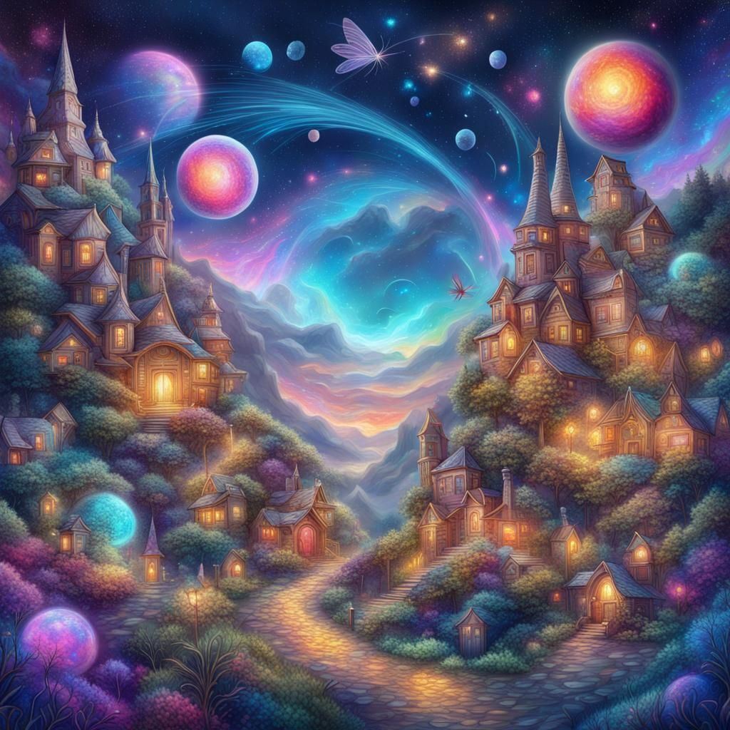 Astral Fairy Town: Holographic Mixed Media Illustration